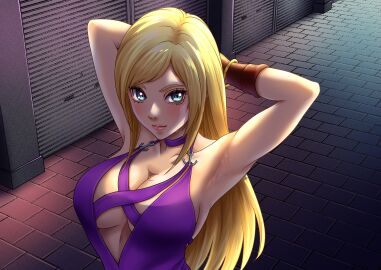 1girls armpits arms_behind_head b._jenet big_breasts blonde_hair blue_eyes bracelet breasts busty choker cleavage collarbone confident dress fatal_fury female female_only garou:_mark_of_the_wolves gloves highres jewelry king_of_fighters king_of_fighters_xv large_breasts long_hair looking_at_viewer pink_lips pose posing purple_dress sexy_armpits sideboob smile snk solo