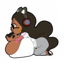 3girls big_breasts big_honkers breasts caricature cat_headphones chibi clothing cosplay cute dark-skinned_female dark_skin earrings female game_controller gaming glasses himiwako huge_breasts macromastia massive_breasts necklace nose_piercing nose_ring portrait solo streamer white_background