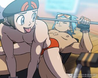 alolan_boy bench_press brawly_(pokemon) brendan_(pokemon) briefs bulge gay gloves gym gym_equipment male male_focus male_only male_underwear nintendo nipples one_eye_closed pokemon shirtless shirtless_male sitting sitting_on_person teasing tongue tongue_out topless topless_male underwear underwear_only workout yaoi