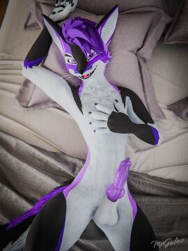 3d animal_genitalia animal_penis anthro balls bed bedroom blender_(artwork) blender_cycles canid canine canine_genitalia canine_penis digital_media_(artwork) erection fox fur furniture genitals hair hi_res knot knotted_penis looking_at_viewer lying male mammal mrgaleo nude on_back on_bed open_mouth penis purple_body purple_eyes purple_fur purple_hair rexouium simple_background smile solo tail