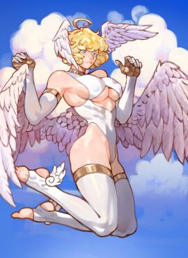 1girls ahoge angel angel_girl angel_wings areola areola_bulge armwear bangs big_areola big_breasts blonde_eyelashes blonde_hair blue_eyes breasts crom curly_hair dinerforwolves feathered_wings female female_only floating gabi_(snegovski) head_wings hi_res lats_(muscle) legwear leotard light-skinned_female light_skin looking_at_viewer nipple_bulge pale-skinned_female pale_skin plump_labia pose pussy pussy_bulge short_hair sideboob solo solo_female thick_thighs thighs toeless_legwear toned toned_female underboob white_legwear wings