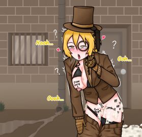 after_rape after_sex ahe_gao big_breasts blonde_female blonde_hair body_writing bra breasts broken broken_rape_victim confused cum_leaking cum_leaking_out_of_pussy cum_on_lower_body dialogue don_quixote_(limbus_company) female heart_symbol kreky lactation limbus_company mindbreak monocle motion_lines one_breast_out one_breast_out_of_clothes open_clothes panties panties_down pants_down pleasure_face pleasured project_moon pussy semen semen_on_lower_body shaking stopwatch t_corp_(identity)_(project_moon) tally_marks tears text time_resume time_stop tongue tongue_out top_hat