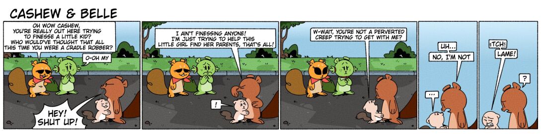 age_difference almond_(fullhero) annoyed bandana cashew_(fullhero) cashew_and_belle chestnut_(fullhero) comic cub day detailed_background dialogue ear_piercing english_text female feral fullhero group hi_res hug humor kerchief long_image looking_at_another male mammal outside piercing pine-nut_(fullhero) plant road rodent sciurid shrub smug speech_bubble squirrel suprised_look text tree tree_squirrel wide_image young young_female young_feral younger_female younger_feral