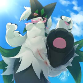 3_fingers 3_toes absurd_res anus areola blush bodily_fluids breasts clitoral_hood clitoris cotora countershading feet female fingers fur generation_9_pokemon genital_fluids genitals giant glistening glistening_genitalia glistening_pussy green_body green_fur hi_res kemono low-angle_view medium_breasts meowscarada navel nintendo nipples on_one_leg open_mouth pawpads pink_areola pink_nipples pokemon pokemon_(species) pussy red_eyes solo standing toes vaginal_fluids worm's-eye_view