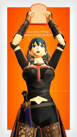 1girls 3d alonso_nsr arms_up blue_eyes breasts byleth_(fire_emblem) byleth_(fire_emblem)_(female) english_text female female_only fire_emblem fire_emblem:_three_houses food holding knife large_breasts leggings medium_hair nintendo open_mouth orange_background pantyhose shorts simple_background smile solo standing teal_hair text thighs toast