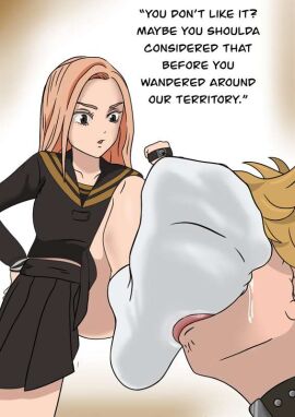 2d blonde_hair delinquent english_text feet feet_on_face female foot_fetish gangster male male/female orange_hair sailor_uniform school_uniform schoolgirl takemichi_hanagaki tokyo_revengers yuzuha_shiba