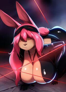 2d_animation all_fours animated anthro big_breasts breasts brown_body cleavage clothed clothing female frame_by_frame hair hi_res kbart lagomorph latex latex_suit leporid mammal pink_hair rabbit red_eyes solo