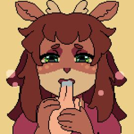 2025 animated anthro blush clothed clothing deer digital_media_(artwork) female fully_clothed looking_at_viewer looking_pleasured mammal open_mouth oral pixel_(artwork) pixel_animation simple_background solo sonofan sucking
