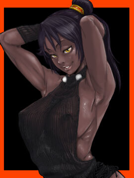 1girls adjusting_hair armpits arms_behind_head arms_up backless_outfit big_breasts bleach breasts dark-skinned_female dark_hair female hair_ornament looking_at_viewer nipple_bulge ponytail purple_hair seductive shihouin_yoruichi sideboob smug solo_focus tata virgin_killer_sweater yellow_eyes