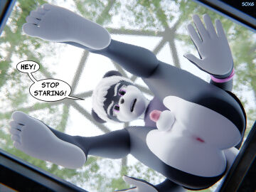 3d 4:3 annoyed anthro anus balls black_body blender_cycles bottomless bracelet clothed clothing day digital_media_(artwork) feet flaccid genitals glass greenery hair hi_res humanoid_feet humanoid_genitalia humanoid_penis jewelry looking_at_viewer low-angle_view male mammal mustelid musteline palms penis pink_eyes plantigrade purple_clothing purple_shirt purple_t-shirt purple_topwear shirt short_hair sitting_on_glass soles solo sox6 speech_bubble t-shirt tail toes topwear true_musteline watermark weasel white_body white_hair