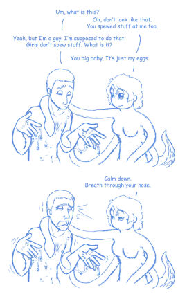 archived_source comic_panel couple_(romantic) cute_artstyle english_text female horrified human human_male humon humor male monster_girl open_mouth scared_expression