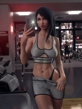 1boy 1girls 3d abs alternate_version_available athletic athletic_female background_character big_breasts big_hips black_hair breasts camera_flash cowboy_shot detailed_background earrings eyeshadow female female_focus final_fantasy final_fantasy_vii final_fantasy_vii_remake greengiant3d gym high-waisted_thong high_waisted_thong holding_phone light_makeup lipstick long_eyelashes long_hair looking_at_viewer male navel public pulling_down_pants pulling_pants_down red_eyes selfie solo_focus sports_bra sports_shorts thighs tifa_lockhart very_long_hair workout_clothes