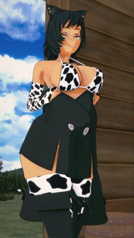 1girls bikini bikini_bottom bikini_top breasts cat_ears cow_print cow_print_bikini half-dressed half_naked half_naked_female indrick_[artist] kali_belladonna removing_jacket rwby yellow_eyes