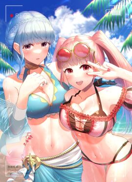 2girls alternate_costume bare_shoulders bikini blue_bikini blue_hair blue_sky blue_swimsuit braid breasts cleavage cloud collarbone crown_braid day eyewear_on_head female female_focus fingernails fire_emblem fire_emblem:_three_houses fire_emblem_heroes hilda_valentine_goneril hilda_valentine_goneril_(summer) large_breasts long_hair marianne_von_edmund marianne_von_edmund_(summer) multiple_females multiple_girls navel nintendo ocean official_alternate_costume outdoors parupome peace_sign pink_bikini pink_hair pink_swimsuit round_eyewear smile standing stomach sunglasses swimsuit twintails very_long_hair