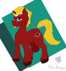 absurd_res animal_genitalia balls beard black_hole blonde_hair blue_eyes cloven_hooves cracked_horn equid equine eyewear facial_hair feral genitals glasses goatee hair hasbro hi_res hooves horn horse male mammal model_sheet my_little_pony mythological_creature mythological_equine mythology ori-doggo pony red_body sheath solo unicorn