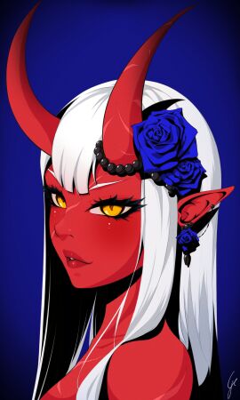 1girls akumi bare_shoulders blue_background demon demon_girl face female flower hair_flower hair_ornament horns lips long_hair looking_at_viewer oni oni_horns pointy_ears red-skinned_female red_skin rose scars signature solo virtual_youtuber vyugen white_hair yellow_eyes
