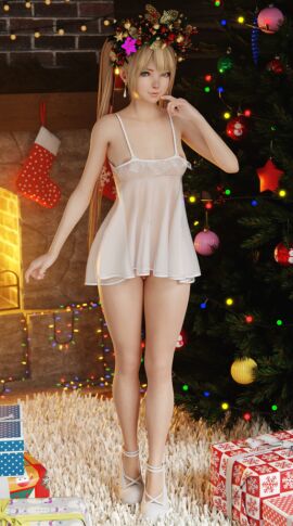 1girls 2025 3d 3d_(artwork) areolae blender blonde_hair blue_eyes christmas christmas_decorations christmas_headwear christmas_present christmas_tree dead_or_alive dead_or_alive_5 earrings fireplace hair_ornament hi_res high_heels looking_at_viewer marie_rose nightgown nipples petite petite_body petite_female pointing_at_self pussy skyarsenic small_body small_breasts smaller_female tagme twintails white_dress white_shoes