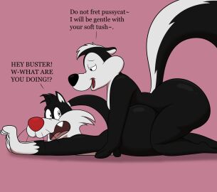 2024 absurd_res anthro ass big_ass big_butt black_body black_ears black_eyes black_fur black_hair black_nose black_tail colossalstars dialogue digital_media_(artwork) domestic_cat duo english_text felid feline felis fur hair half-closed_eyes hi_res imminent_sex interspecies looking_at_another looking_back looney_tunes lying male male/male mammal mephitid multicolored_body multicolored_fur multicolored_hair narrowed_eyes nervous on_front pepe_le_pew red_nose sharp_teeth side_view skunk striped_skunk sylvester tail teeth text thick_thighs tongue two-tone_body two-tone_fur two-tone_hair two-tone_tail warner_brothers whiskers white_body white_fur white_hair white_tail