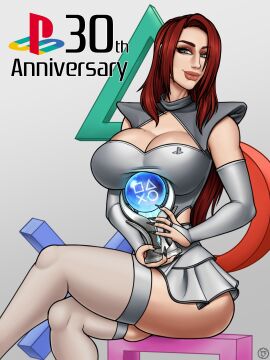 1girls armwear bolt_on_tits breast_implants breasts cleavage cleavage_cutout enhanced_breasts fake_breasts female green_eyes large_breasts pinup playstation pureruby87 raiounsfw real_person red_hair showgirl silicone silicone_implants skirt slim_waist smile smiling thick_thighs thighhighs thin_waist trophy wide_hips