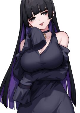 bare_shoulders black_choker black_dress bocchi_the_rock! breasts choker colored_inner_hair covered_navel dress ear_piercing female forked_tongue green_eyes highres kushinaka large_breasts long_sleeves looking_at_viewer multicolored_hair open_mouth pa-san piercing purple_hair simple_background solo teeth tongue tongue_out upper_teeth white_background