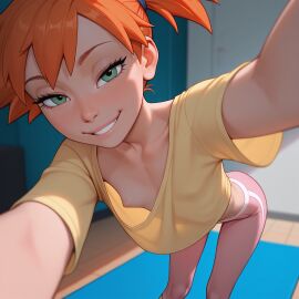 ai_generated bent_over eraofsin flat_chest kasumi_(pokemon) leaning_forward nipple_slip pokemon puffy_nipples red_hair redhead_female selfie small_breasts underboob yoga yoga_pants