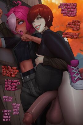 2d cherri_(picturd) clothing cock dark-skinned_femboy dark-skinned_sub dark_skin dialogue dick english english_dialogue english_text femboy femboy_on_femboy femboy_only huge_cock imminent_sex male male/male male_only original penis penis_awe picturd sissy speaking talking text