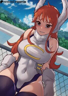 1girls 4:5 big_breasts breasts brown_eyes bunny_ears company_connection cosplay crossover crossover_cosplay female female_only foonie_xd huge_breasts large_breasts leotard long_hair looking_at_viewer miruko_(cosplay) my_hero_academia nami_(one_piece) one_piece orange-haired_female orange_hair post-timeskip shounen_jump shueisha solo solo_female solo_focus thick_thighs thighhighs thighs weekly_shonen_jump wide_hips