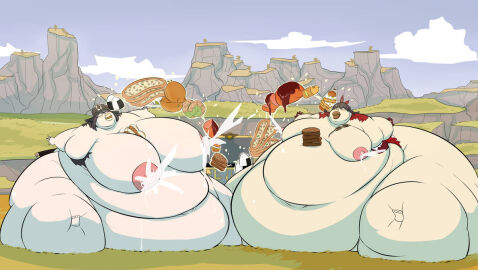 2girls amber_(genshin_impact) belly belly_button big_belly big_breasts breasts brown-haired_female brown_hair chubby chubby_female duo duo_female duo_focus exposed_fat_belly fat fat_female fat_fetish feeding female female_focus female_only genshin_impact hoyoverse hu_tao_(genshin_impact) immobile light-skinned_female light_skin liyue_girls mihoyo mihoyo_technology_(shanghai)_co._ltd. milk milk_squirt mondstadt_girls multiple_females multiple_girls nipples obese obese_female overweight overweight_female sky ussbbw weight_gain