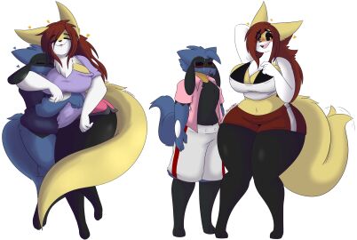 2021 3_toes 4_fingers absurd_res anime_nosebleed anthro arm_around_partner big_breasts black_bikini_top black_body black_clothing black_eyes black_fur black_sclera black_shirt black_topwear blue_body blue_clothing blue_fur blue_hair blue_shirt blue_topwear blush bodily_fluids bottomless bottomless_male bottomwear braixen breasts chest_tuft cleavage closed_eyes clothed clothing cuddling dart_(dewwydarts) dewwy_(dewwydartz) dewwydarts dewwydartz duo eye_through_hair eyebrow_through_hair eyebrows feet female fingers fluffy fluffy_tail fur furry game_freak generation_4_pokemon generation_6_pokemon hair hand_behind_head heart_symbol hi_res hotpants huge_breasts huge_hips huge_thighs maddie_(dewwydarts) maddie_(dewwydartz) male male/female multicolored_body multicolored_fur nervous_smile nintendo nosebleed open_mouth pink_bottomwear pink_clothing pink_shorts pink_topwear pokemon pokemon_(species) pokémon_(species) purple_clothing purple_shirt purple_topwear red_bottomwear red_clothing red_hair red_shorts riolu shirt shorts simple_background simple_eyes sleeping standing sweat tail tail_motion tailwag thick_thighs toes topwear translucent translucent_hair tuft two-tone_body two-tone_fur white_background white_body white_bottomwear white_clothing white_fur white_shorts white_topwear wide_hips yellow_body yellow_eyes yellow_fur