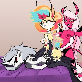 absurd_res anthro bite biting_lip breasts canid canid_demon canine demon demon_humanoid double_penetration female female/female group group_sex hair hellaverse hellhound helluva_boss hexecat hi_res holding_breast horn humanoid hybrid loona_(helluva_boss) mammal mythological_canine mythological_creature mythology nude penetration pulling_hair queen_bee-lzebub_(helluva_boss) sex smile strapon threesome touching_hair trio verosika_mayday