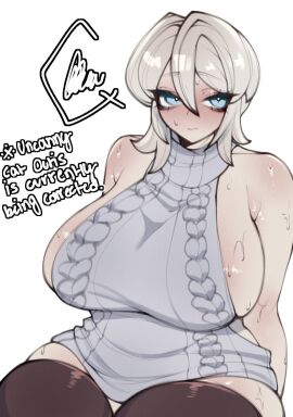 1girls arms big_breasts blue_eyes breasts clothed clothed_female clothing faust_(limbus_company) female female_only fully_clothed large_breasts limbus_company project_moon renata11033 shoulders sweat sweater thicc_thighs thick_thighs thigh_highs virgin_killer_sweater white_hair