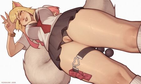 2024 ahri anal anal_beads asura_(artist) blonde_hair female league_of_legends looking_at_viewer low-angle_view microskirt miniskirt riot_games school_uniform star_guardian_ahri tagme tail upskirt