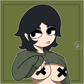 1girls black_eyes black_hair breasts eyeshadow female hollie_hawkes partially_clothed pasties scott_pilgrim short_hair sleepyloungeart solo solo_female sweater sweater_lift tongue tongue_out x_pasties