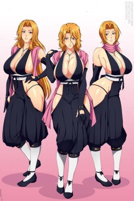 3girls bleach blonde_hair breasts female flats large_breasts lindaroze matsumoto_rangiku necklace_between_breasts rangiku_matsumoto scarf shoes