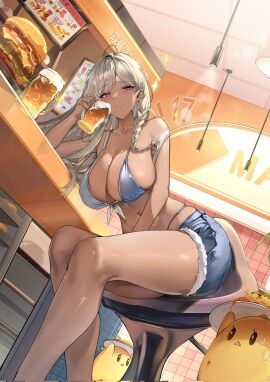 ahoge alcohol atelier_(series) azur_lane bar_(place) bare_shoulders beer beer_mug bikini blonde_hair blue_bikini blue_shorts blush braid breasts burger cg cleavage closed_mouth collarbone cup cutoffs dark-skinned_female dark_skin denim denim_shorts feet_out_of_frame female food holding holding_cup indoors large_breasts long_hair looking_at_viewer manjuu_(azur_lane) mug navel nina_friede nina_friede_(cafe_&_diner_mode)_(azur_lane) red_eyes short_shorts shorts sitting smile solo stomach stool swimsuit tan thighs twin_braids