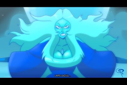 1girls accurate_art_style big_breasts blue_diamond_(steven_universe) blue_eyes blue_hair blue_lips blue_skin breasts diamond_(gem) female female_focus frostbiteboi giantess large_breasts long_hair redraw solo steven_universe