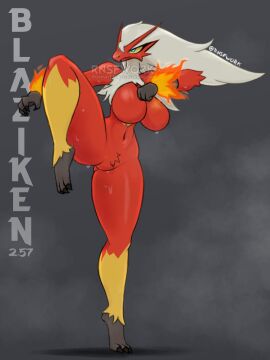 blaziken blue_eyes breasts female generation_3_pokemon pokemon pokemon_(species) red_body simple_background solo sweat thick_thighs