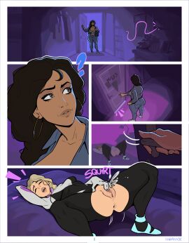 asymmetrical_hair blonde_hair comic_page dark-skinned_female dark_skin female female_focus female_only gwen_stacy gwen_stacy_(spider-verse) hornyx light-skinned_female light_skin marvel marvel_comics masturbation page_1 page_number pale-skinned_female pale_skin pink_hair pussy rio_morales rio_morales_(spider-verse) ripped_clothing ripped_pants short_hair spider-gwen spider-man spider-man:_across_the_spider-verse spider-man:_into_the_spider-verse spider-man_(series) squirting two-tone_hair