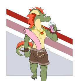 3_toes alien amaru anthro aroused beverage big_penis claws clothed clothing digital_media_(artwork) drinking erection feet full_frontal_frog genitals hair hi_res humanoid_genitalia humanoid_penis jewelry male markings necklace oh_so_hero! penis scalie shocked simple_background slim so_hero solo swimming_trunks swimwear tail toes topless wraps wrist_wraps wwd_october