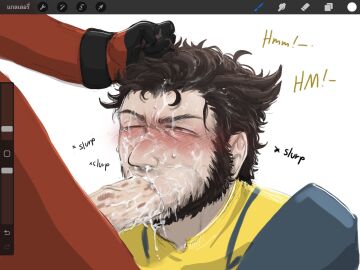baimonbluewhale balls bara blowjob blush body_hair boner cum cum_in_mouth cum_on_face deadpool deadpool_&_wolverine_(2024) erection gay james_howlett male male_only marvel marvel_comics muscles muscular oral penis pulling_hair sideburns wade_wilson wolverine_(x-men) x-men yaoi