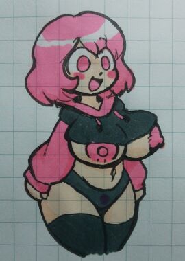 1girls ann_(thatartistann) areolae barely_clothed big_breasts blush breasts breasts_out cropped_hoodie cute cute_face female female_only functionally_nude functionally_nude_female hoodie huge_breasts looking_down meme meme_attire nipples original paggi_outfit pink_eyes pink_hair pink_nipples revealing revealing_clothes stockings thatartistann traditional_media_(artwork)