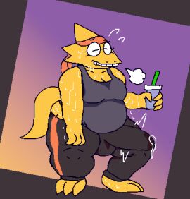 alphys anthro bodily_fluids breasts bulge cleavage clothed clothing container cup exhausted eyewear felineflustered futa_only futanari genital_fluids glasses intersex lizard low_res overweight overweight_futa overweight_intersex precum precum_through_clothing reptile scalie solo solo_futa sweat tail undertale undertale_(series) wet wet_clothing
