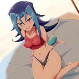 beach beach_background blue_hair breasts cyan_hair danpu erect_nipples female high-angle_view kamishiro_rio looking_at_viewer multicolored_hair muscular muscular_female navel open_mouth red_eyes rio_kamishiro sitting smile solo yu-gi-oh! yu-gi-oh!_zexal