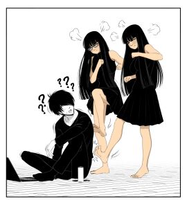 1boy 2girls barefoot black_hair confused feet female foot_fetish glasses kidetic kusujinn light-skinned_male light_skin male pale-skinned_male pale_skin sisters sitting_on_floor skirt socks soles tagme tied_to_twins toes twins