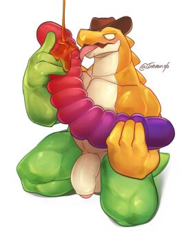 1boy 2024 anthro anthro_focus anthro_only anthro_solo completely_nude crocodile crocodilian crocodylid digital_drawing_(artwork) digital_media_(artwork) flaccid flaccid_penis food food_play glitch_productions gummigoo_(the_amazing_digital_circus) gummy_(food) gummy_creature gummy_worm hat headgear headwear honey honey_(food) intven96 kneeling licking living_candy living_food male male_anthro male_focus male_only nude nude_male penis reptile reptile_humanoid solo solo_anthro solo_focus solo_in_panel solo_male the_amazing_digital_circus tongue tongue_out