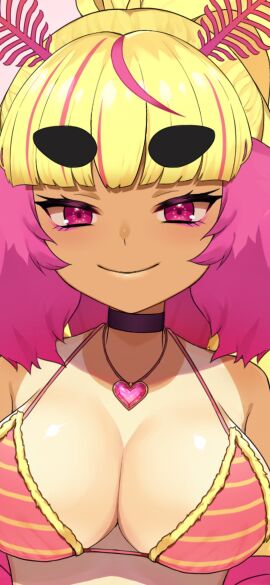 big_breasts bikini breasts cleavage cute female heart ichigo_lemonade indie_virtual_youtuber necklace smiling tan-skinned_female virtual_youtuber