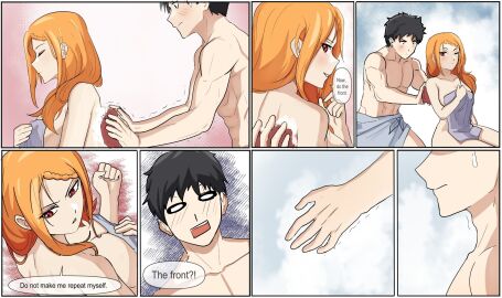 1boy 1girls e_v_o_n_0 ass bath black_hair comic female male naked natsuki_subaru orange_hair priscilla_barielle re:zero_kara_hajimeru_isekai_seikatsu red_eyes tagme towel