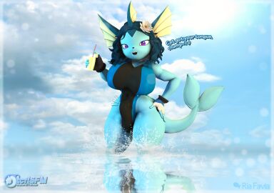 3d 5_fingers absurd_res anthro beverage big_breasts biped blue_body breasts bulge clothing cloud detailed_bulge dialogue digital_media_(artwork) eeveelution erection erection_under_clothing fin fingers flower futa_anthro futanari generation_1_pokemon genital_outline gloves hair hand_on_hip handwear hi_res intersex intersex_anthro kabalmystic_(style) looking_at_viewer nintendo penis penis_outline plant pokemon pokemon_(species) purple_eyes ria_(tcflsfm) solo source_filmmaker_(artwork) splash swimwear tcflsfm vaporeon water