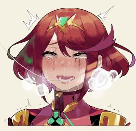 1girls 2d after_kiss ahe_gao bad_id bad_twitter_id chest_jewel crying drooling female highres light-skinned_female light_skin lips makeup mascara mind_break nintendo open_mouth pale-skinned_female pale_skin portrait pyra pyra_(xenoblade) red_eyes red_hair rolling_eyes runny_makeup saliva saliva_trail short_hair solo swept_bangs tears teeth thiccwithaq tiara tongue xenoblade_(series) xenoblade_chronicles_(series) xenoblade_chronicles_2
