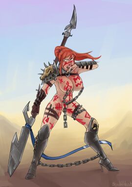armor barbarian blindwildcat body_writing bodypaint chains heels nipple_piercing piercing pussy pussy_piercing red_hair slave weapon